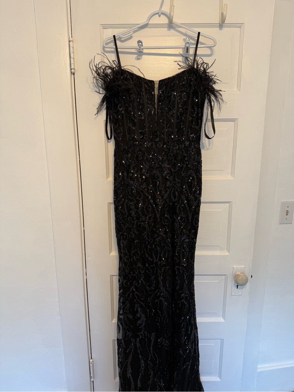 NWT Jovani black sequin gown with feather off shoulder